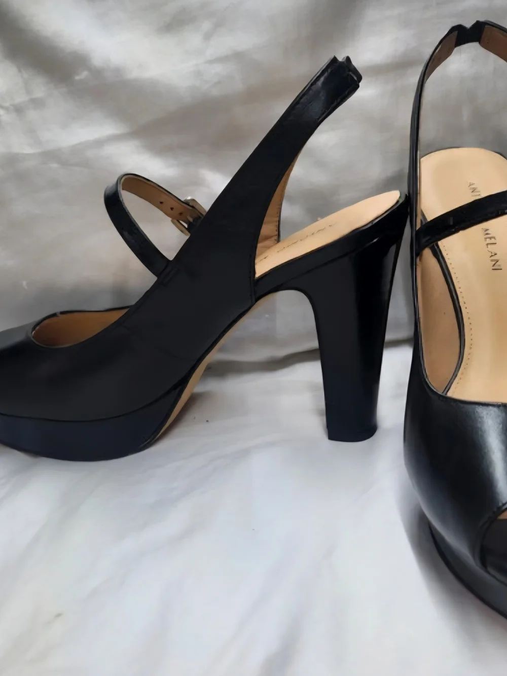 ANTONIO MELANI Black Peep-Toe Slingback Heels with Strap